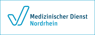 Logo mit türkisem Häkchen und blauem Schriftzug "Medizinischer Dienst Nordrhein" auf weißem Hintergrund